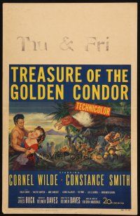 2y682 TREASURE OF THE GOLDEN CONDOR WC '53 art of Cornel Wilde grabbing girl & attacked by snake!