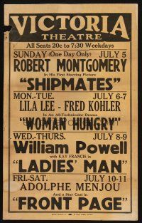 2y698 VICTORIA THEATRE Jul 5-11 WC '31 Shipmates, Woman Hungry, Ladies' Man, Front Page!