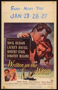 2y719 WRITTEN ON THE WIND WC '56 Reynold Brown art of Lauren Bacall, Rock Hudson & Robert Stack!
