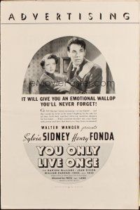 2y217 YOU ONLY LIVE ONCE pressbook '37 Fritz Lang film noir, Henry Fonda, Sylvia Sidney