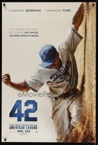 2z010 42 teaser DS 1sh '13 baseball, image of Chadwick Boseman as Jackie Robinson sliding home!