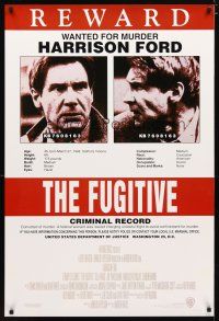 2z277 FUGITIVE recalled int'l 1sh '93 Harrison Ford is on the run, cool wanted poster!