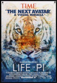 2z454 LIFE OF PI style B advance DS 1sh '12 Suraj Sharma, Irrfan Khan, cool collage image of tiger!