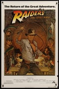 2z621 RAIDERS OF THE LOST ARK 1sh R82 different art of adventurer Harrison Ford by Richard Amsel!