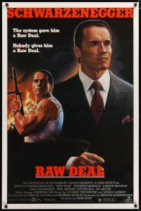 2z624 RAW DEAL 1sh '86 art of tough guy Arnold Schwarzenegger with gun & in suit!