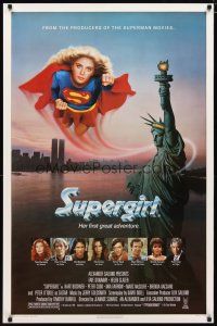 2z728 SUPERGIRL 1sh '84 super Helen Slater in costume flying over Statue of Liberty!