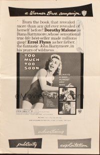 3a1156 TOO MUCH, TOO SOON pressbook '58 Errol Flynn, sexy Dorothy Malone as Diana Barrymore!