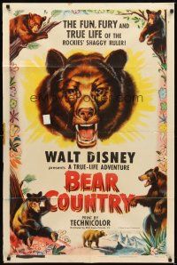 3b061 BEAR COUNTRY style A 1sh '53 Disney True-Life Adventure, cool bear artwork!