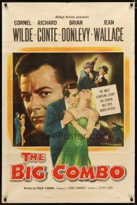 3b071 BIG COMBO 1sh '55 art of Cornel Wilde & sexy Jean Wallace, classic film noir!