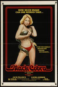 3b083 BLACK COBRA 1sh '76 wild sexy image of woman holding snake, Laura Gemser!