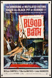 3b095 BLOOD BATH 1sh '66 cool artwork of sexy babe being lowered into a pit of horror!
