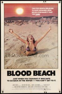 3b096 BLOOD BEACH 1sh '80 classic Jaws parody image of sexy girl in bikini sinking in quicksand!