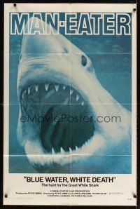 3b100 BLUE WATER, WHITE DEATH 1sh '71 cool super close image of great white shark with open mouth!