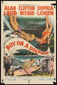 3b115 BOY ON A DOLPHIN 1sh '57 art of Alan Ladd & sexiest Sophia Loren swimming underwater!