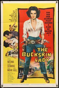 3b127 BUCKSKIN LADY 1sh '57 sexy full-length bad cowgirl Medina with both guns drawn!