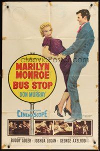 3b132 BUS STOP 1sh '56 great art of cowboy Don Murray holding sexy Marilyn Monroe!
