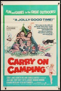 3b141 CARRY ON CAMPING 1sh '71 Sidney James, English nudist sex, wacky camping artwork!