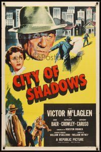 3b160 CITY OF SHADOWS 1sh '55 Victor McLaglen in New York City, cool crime artwork!