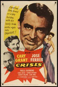 3b185 CRISIS 1sh '50 great huge headshot artwork of Cary Grant, plus Paula Raymond & Jose Ferrer!