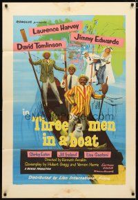 3b865 THREE MEN IN A BOAT English 1sh '56 wacky art of Laurence Harvey & co-stars on gondola!