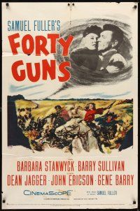 3b305 FORTY GUNS 1sh '57 Samuel Fuller, art of Barbara Stanwyck & Barry Sullivan on horseback!