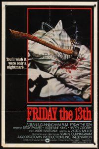 3b310 FRIDAY THE 13th int'l 1sh '80 Joann art of axe in pillow, wish it was a nightmare!