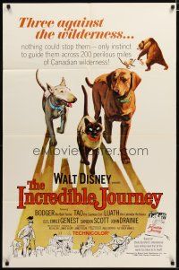 3b422 INCREDIBLE JOURNEY 1sh '63 Disney, art of Bull Terrier, Siamese cat & Labrador Retriever!
