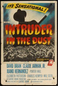 3b427 INTRUDER IN THE DUST 1sh '49 William Faulkner, silhouette of man with rifle over huge crowd!