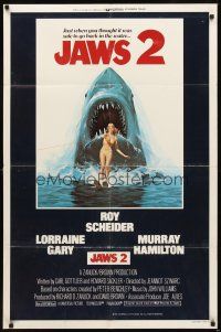3b436 JAWS 2 int'l 1sh '78 art of giant shark attacking girl on water skis by Lou Feck!