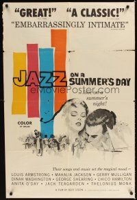 3b440 JAZZ ON A SUMMER'S DAY 1sh '60 Louis Armstrong, cool romantic close-up art!