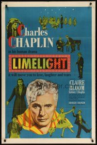 3b477 LIMELIGHT 1sh '52 many images of aging Charlie Chaplin & pretty young Claire Bloom!