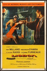 3b479 LISBON 1sh '56 Ray Milland & Maureen O'Hara in the city of intrigue & murder!