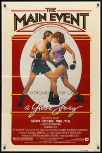 3b506 MAIN EVENT 1sh '79 great full-length image of Barbra Streisand boxing with Ryan O'Neal!