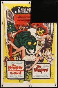 3b536 MONSTER THAT CHALLENGED THE WORLD/VAMPIRE INCOMPLETE 1sh '57 double-shock show!