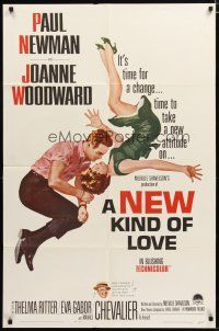 3b557 NEW KIND OF LOVE 1sh '63 Paul Newman loves Joanne Woodward, great romantic image!