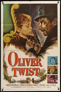 3b585 OLIVER TWIST 1sh '51 Robert Newton as Bill Sykes, directed by David Lean, cool art!