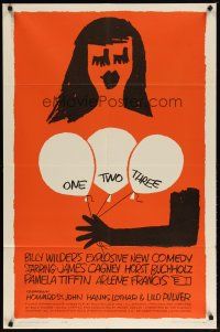 3b594 ONE, TWO, THREE 1sh '62 Billy Wilder, James Cagney, wonderful Saul Bass art of girl w/balloons