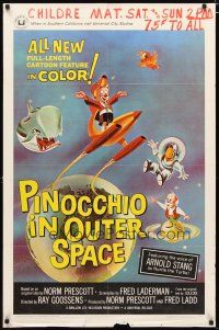 3b625 PINOCCHIO IN OUTER SPACE 1sh '65 great sci-fi cartoon artwork, explore new worlds of wonder!