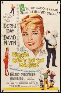 3b630 PLEASE DON'T EAT THE DAISIES 1sh '60 artwork of pretty smiling Doris Day, David Niven w/dog!
