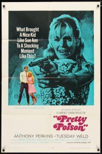 3b646 PRETTY POISON style B 1sh '68 psycho Anthony Perkins,huge close-up of crazy Tuesday Weld w/gun