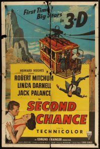 3b724 SECOND CHANCE 1sh '53 cool 3-D art of Robert Mitchum, sexy Linda Darnell & cable car!