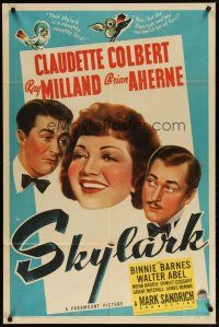 3b768 SKYLARK style A 1sh '41 great art of Claudette Colbert, Ray Milland & Brian Aherne!
