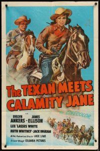 3b846 TEXAN MEETS CALAMITY JANE 1sh '50 art of cowgirl Evelyn Ankers & James Ellison on horseback!