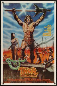 3b860 THOR THE CONQUEROR 1sh '83 Conan rip-off, cool sword & sorcery art by Huston!