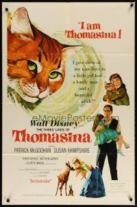 3b864 THREE LIVES OF THOMASINA 1sh '64 Walt Disney, great art of winking & smiling cat!