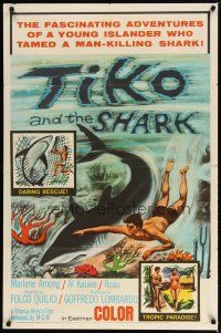 3b874 TIKO & THE SHARK 1sh '64 man tames killer, cool swimming with shark image!