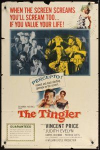 3b877 TINGLER 1sh '59 Vincent Price, William Castle, terrified audience, presented in Percepto