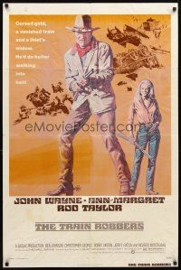 3b893 TRAIN ROBBERS 1sh '73 great full-length art of cowboy John Wayne & Ann-Margret!