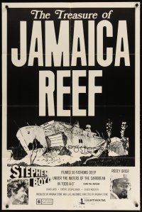 3b896 TREASURE OF JAMAICA REEF 1sh '76 really cool scuba diver & sharks horror artwork!
