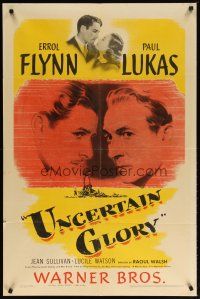 3b916 UNCERTAIN GLORY 1sh '44 art of French Errol Flynn face-to-face with Nazi Paul Lukas!